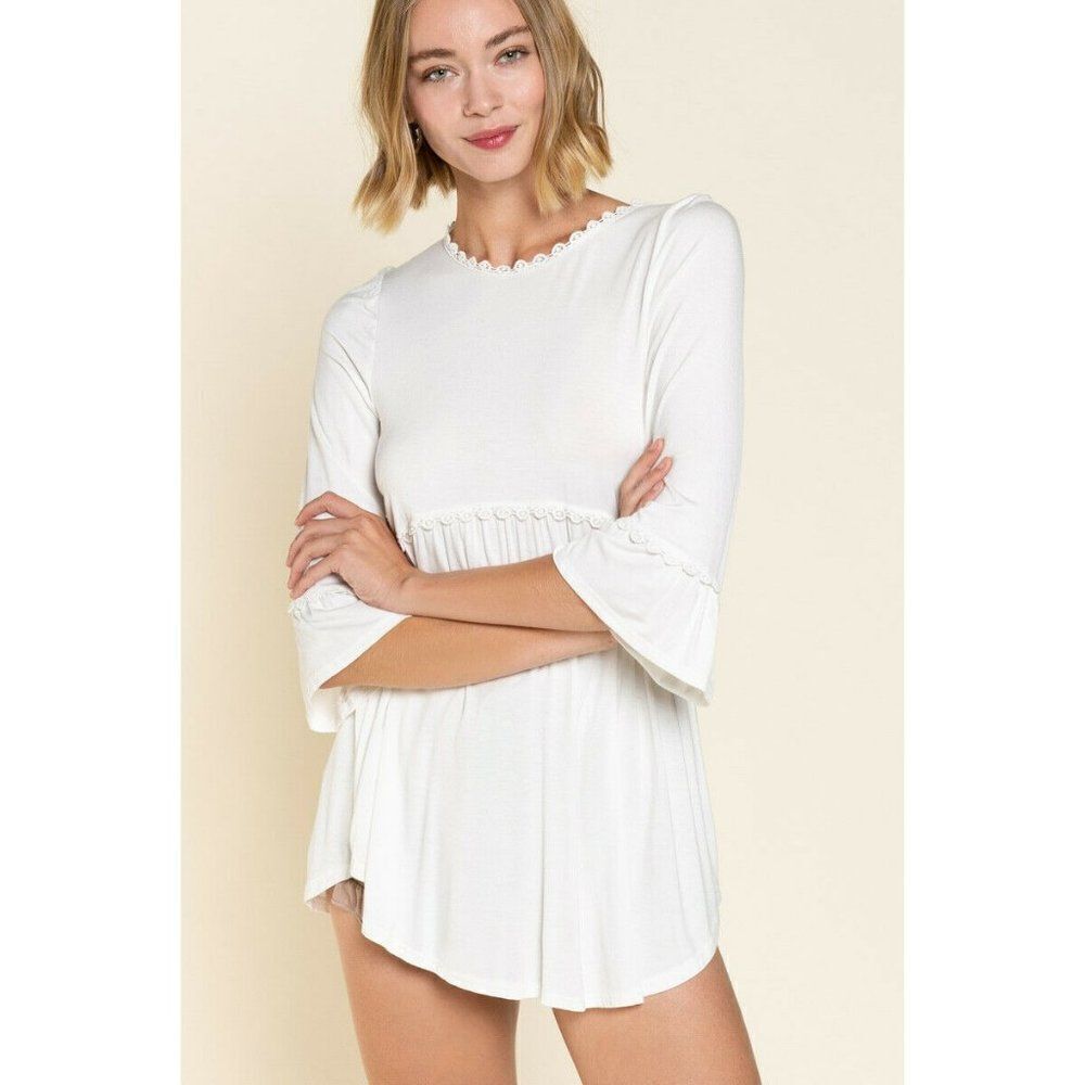 SALE! POL CLOTHING Ivory Babydoll Knit Top Tunic Relaxed Fit Long Sleeve Summer